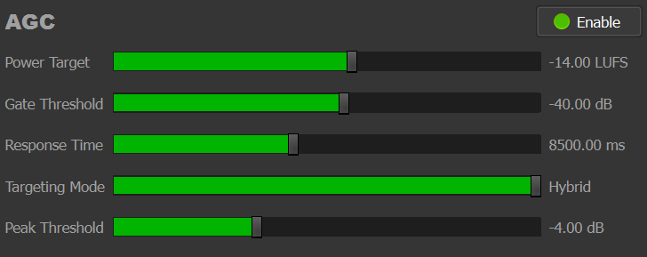 Screenshot of the Automatic Gain Control section controls in the Broadcast Processor.